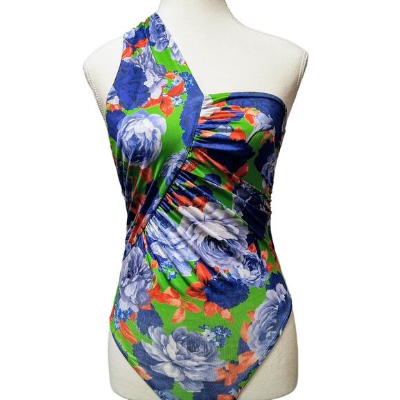 ZARA Bodysuit NWT Small Blue Green Red Floral Asymmetrical Bloggers Fav Summer - Picture 4 of 9